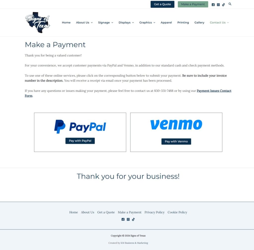 Signs of Texas Payment Web Page