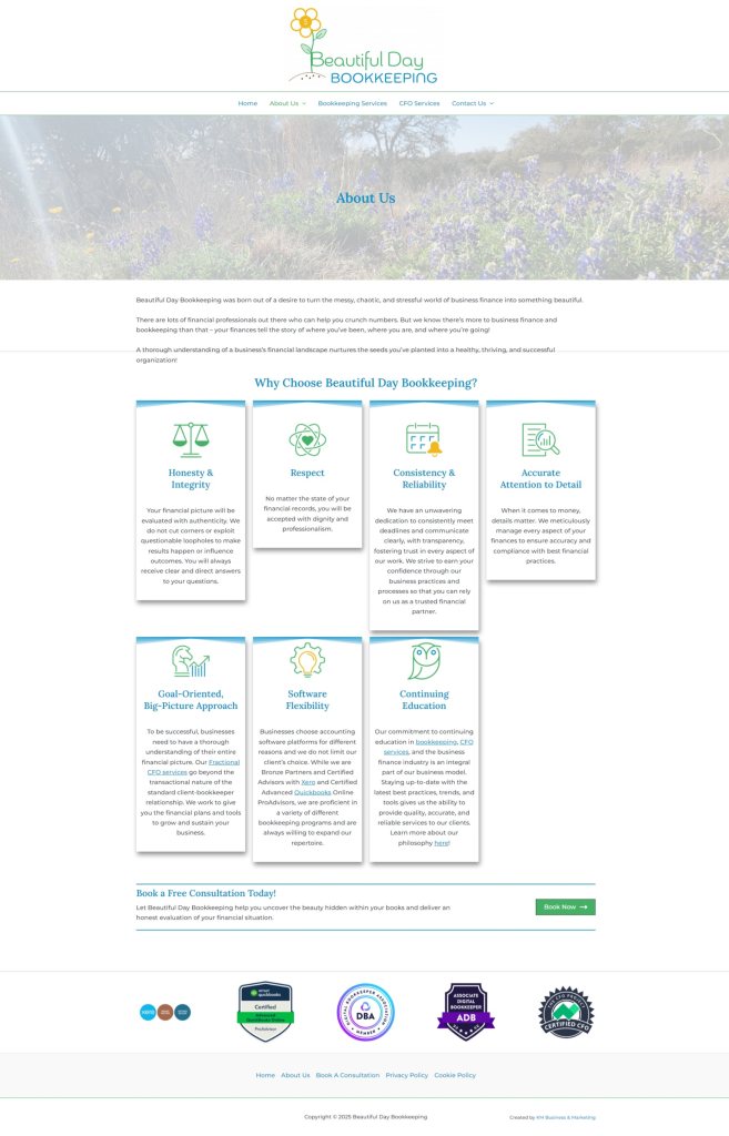 Beautiful Day Bookkeeping About Us Webpage Screenshot
