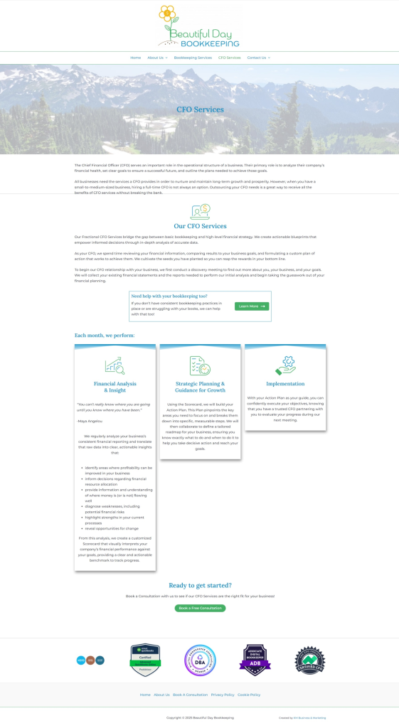 Beautiful Day Bookkeeping CFO Services Webpage Screenshot