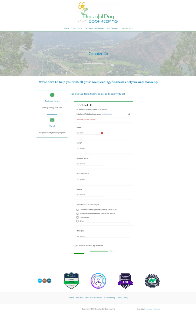 Beautiful Day Bookkeeping Contact Us Webpage Screenshot